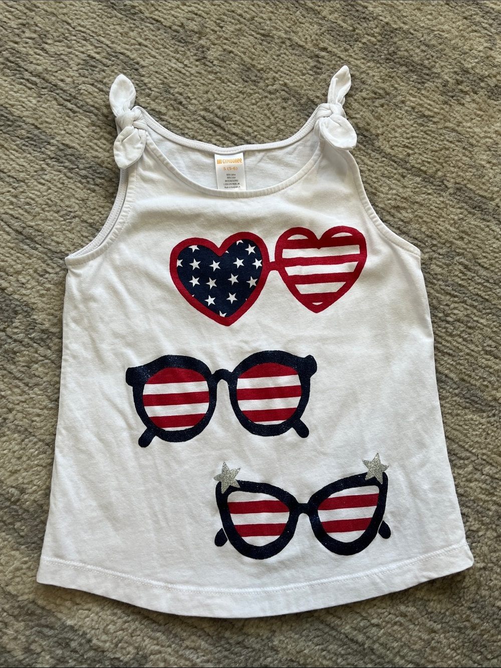 Gymboree White Tank Top with Red & Navy Patriotic Hearts and Sunglasses